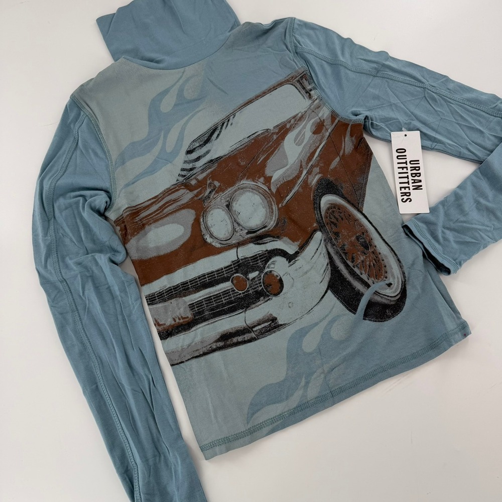 Urban Outfitters Car Graphic Turtleneck Women Medium Blue NWT Fits XS Flame